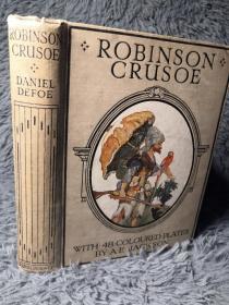 1921年   ROBINSON CRUSOE 含48副彩色插图 《鲁滨逊漂流记》 21X16CM