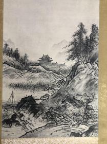 D17回流无款精品复制印刷品山水立轴，画芯28*45㎝，纸本绫裱，檀木轴头，品相好装裱好。