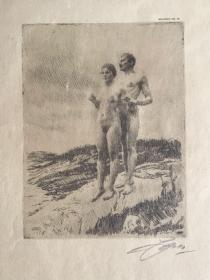 瑞典早期石版复制印刷画ANDERS ZORN.安德斯.佐恩作品草坡上的裸体男女（平版，非原作）