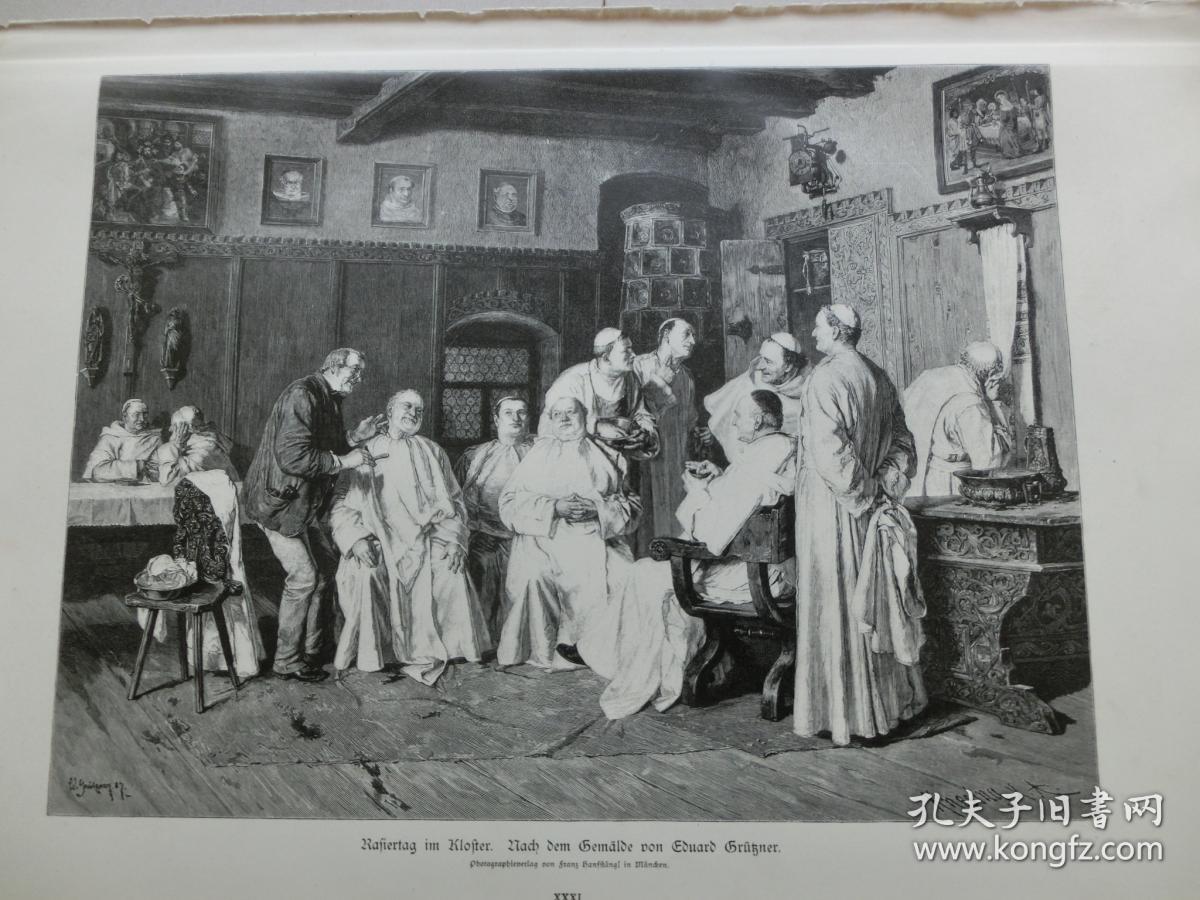 【百元包邮】《在修道院剃须的日子》1890年 木刻版画 木口木刻 纸张尺寸约41×28厘米 （编号M003111）