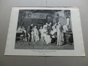 【百元包邮】《在修道院剃须的日子》1890年 木刻版画 木口木刻 纸张尺寸约41×28厘米 (编号M003111)