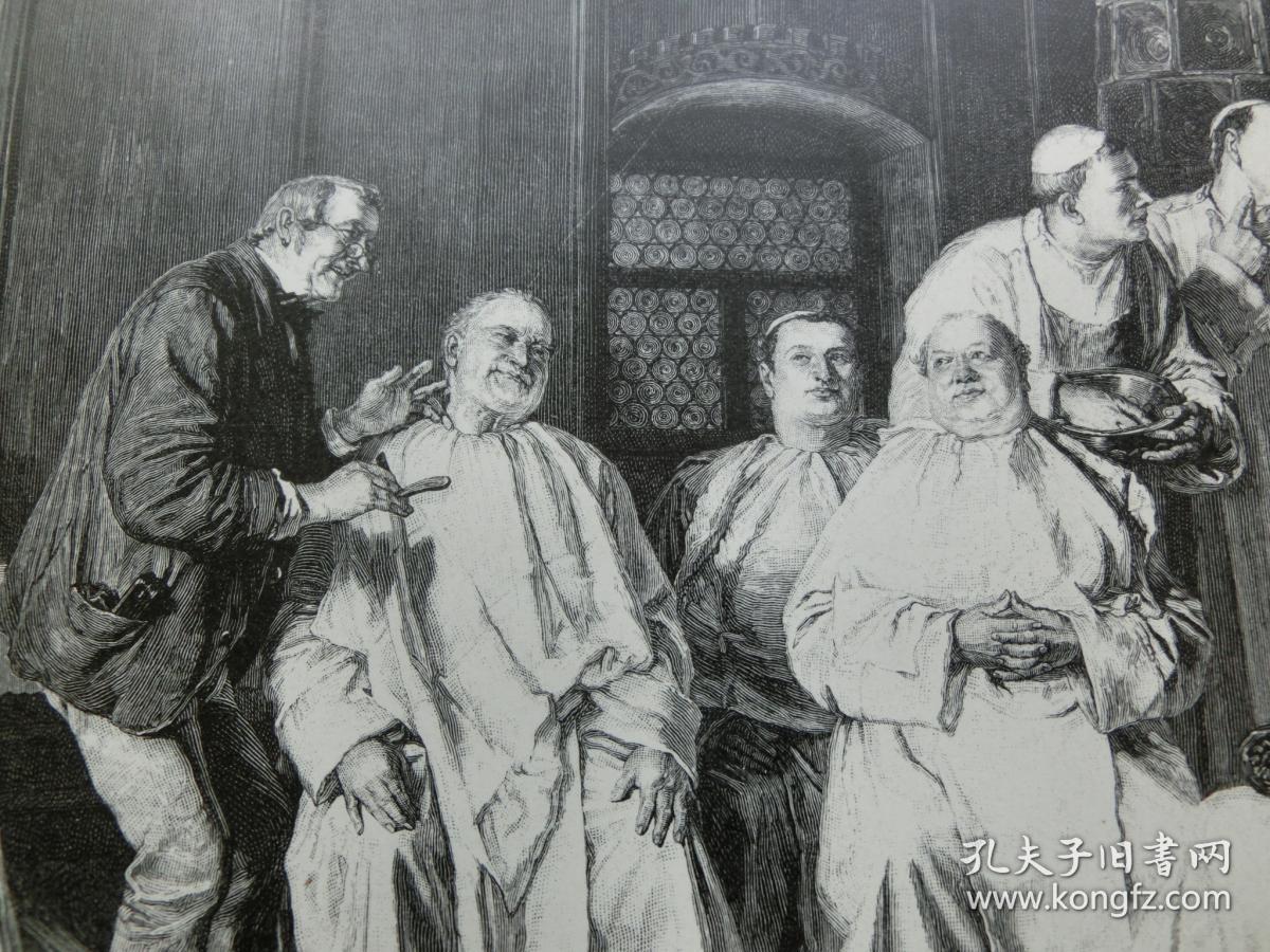 【百元包邮】《在修道院剃须的日子》1890年 木刻版画 木口木刻 纸张尺寸约41×28厘米 （编号M003111）