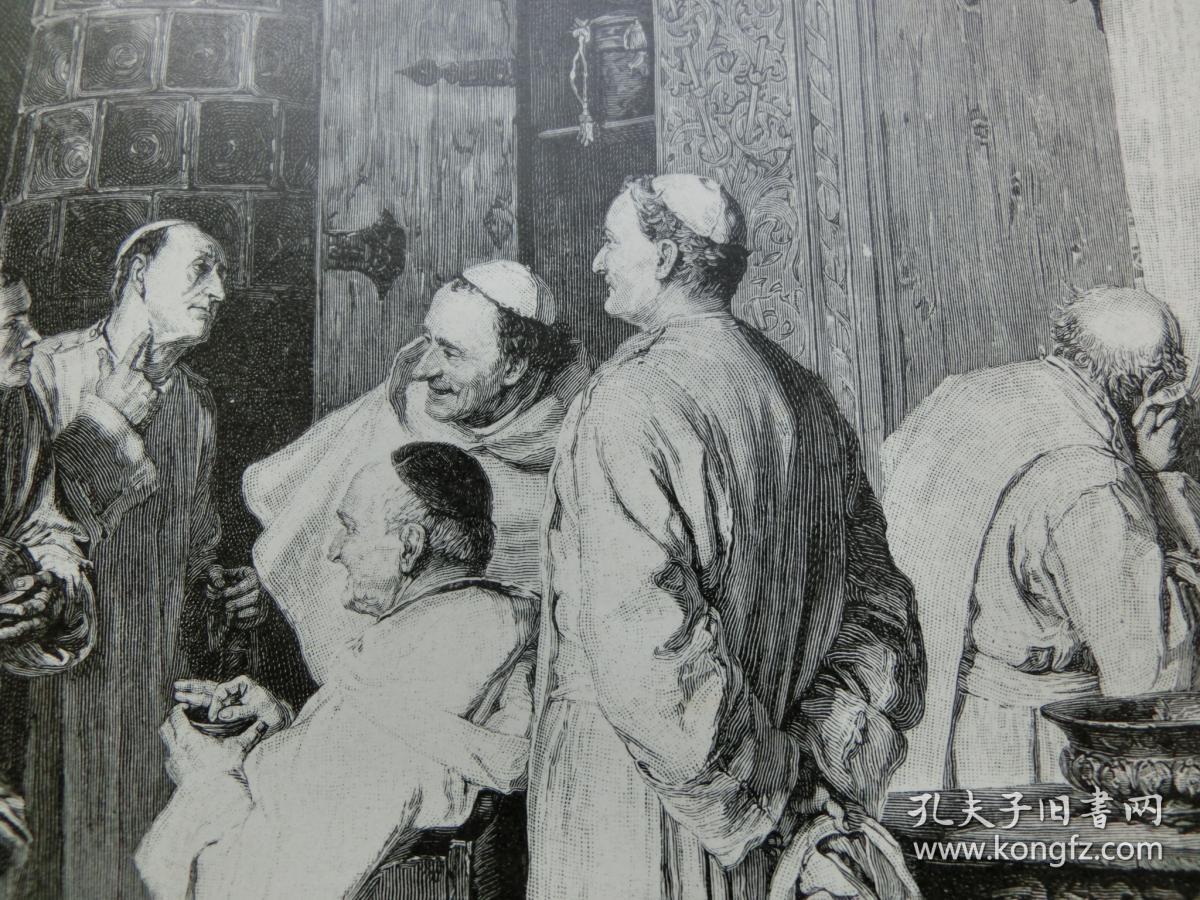 【百元包邮】《在修道院剃须的日子》1890年 木刻版画 木口木刻 纸张尺寸约41×28厘米 （编号M003111）