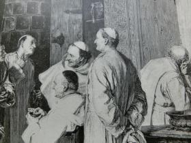 【百元包邮】《在修道院剃须的日子》1890年 木刻版画 木口木刻 纸张尺寸约41×28厘米 (编号M003111)