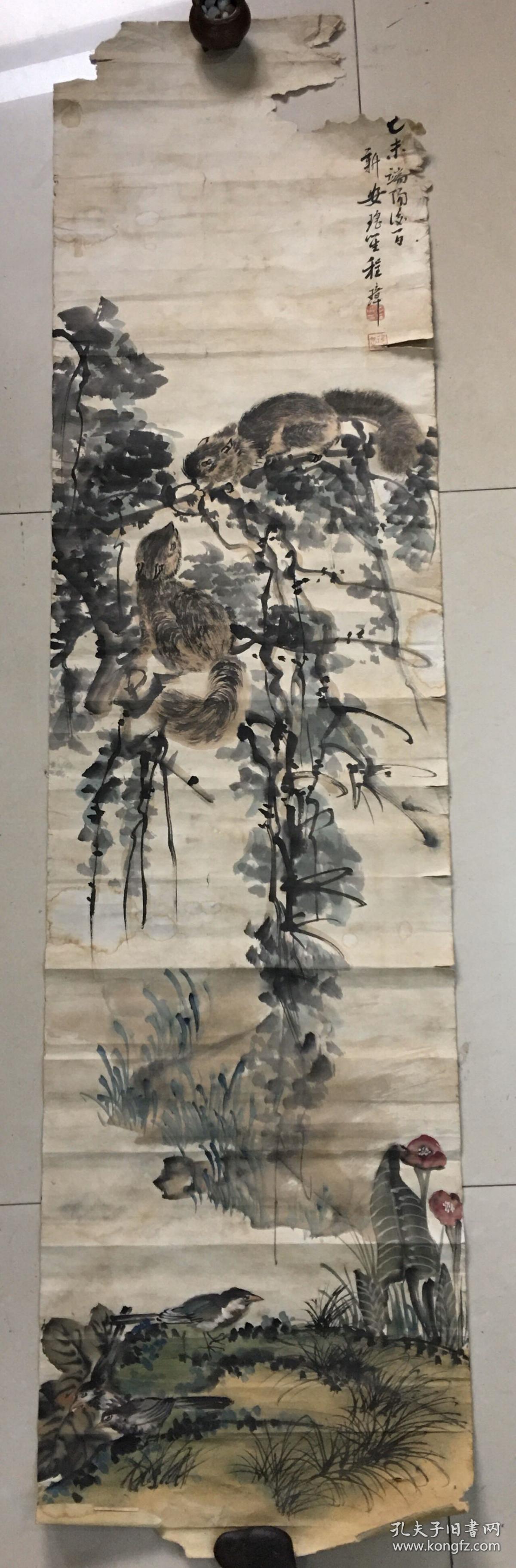 保真保老：海派绘画大师 安徽新安人 程璋（号瑶笙）条幅两幅  每幅大约4.1平尺