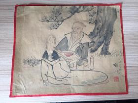 清代日本画作《老夫妇松下休憩图》一幅，作者【宇野正房？】
