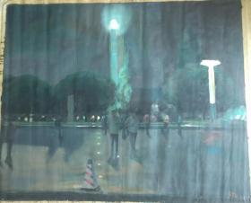 石毅霖签名大尺幅原创油画："街市夜景”（168x138）！——非商品画！
