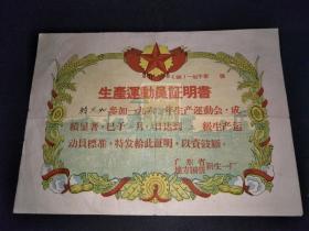 1960年广东省地方国营新生一厂生产运动员证明书1张(26X19CM)