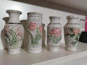 老瓷瓶，花瓶，粉彩镂空刻花描金四瓷瓶