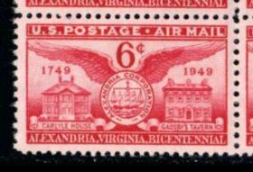 美国1949  航空邮票 亚历山德里亚建市200年 1全新 雕刻版