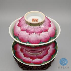 大清道光年制款莲花瓣胭脂红盖碗茶具古董古玩收藏民国包老