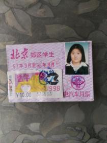 北京电汽车月票（通学）（9.4/6.4cm）1998年