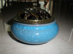 古玩收藏家庭适用瓷器：蓝柚开片带盖香插香座香炉碗