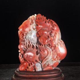 寿山石 芙蓉石 朱砂红 热带鱼 镂空精雕 色泽质地 精美