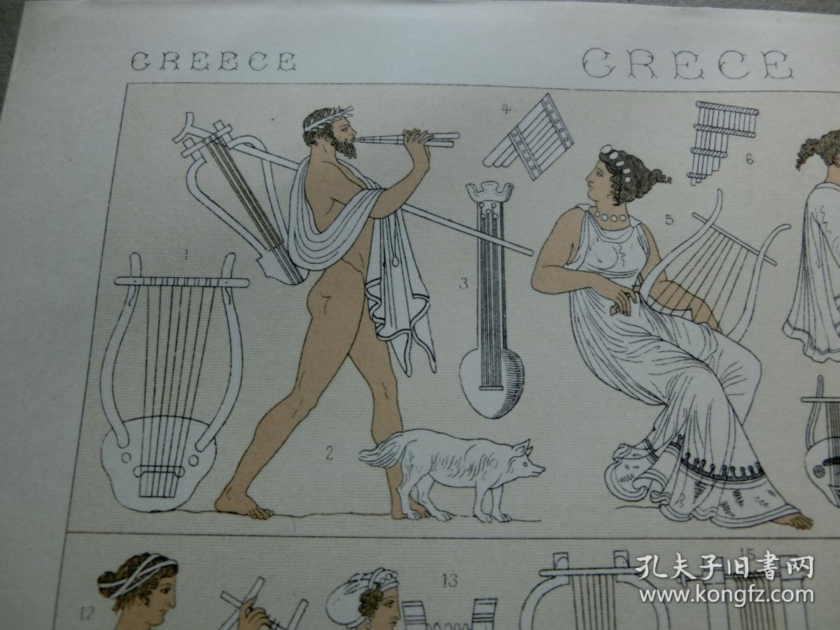 【百元包邮】《古希腊    乐器和乐师。七弦竖琴和鲁特琴、竖琴、三角竖琴、双长笛、排箫；巡回乐师、歌手和舞者；帕萨特瑞拉——设宴时唱歌跳舞的职业女乐师。》 1888年出版 石版画 纸张尺寸约22×18厘米 （编号S000280)