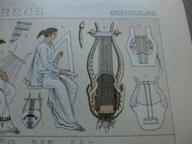 【百元包邮】《古希腊    乐器和乐师。七弦竖琴和鲁特琴、竖琴、三角竖琴、双长笛、排箫；巡回乐师、歌手和舞者；帕萨特瑞拉——设宴时唱歌跳舞的职业女乐师。》 1888年出版 石版画 纸张尺寸约22×18厘米 （编号S000280)