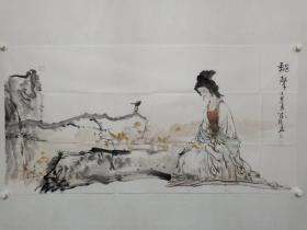 保真书画，四川名家杨循四尺整纸人物画《秋声》一幅。 我画店的每一幅交流作品都附有作品清晰的局部图片和作者简介，具体请下滑看细图即可！谢谢大家的关注和交流信任！