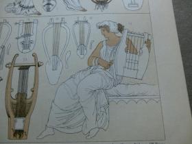 【百元包邮】《古希腊    乐器和乐师。七弦竖琴和鲁特琴、竖琴、三角竖琴、双长笛、排箫；巡回乐师、歌手和舞者；帕萨特瑞拉——设宴时唱歌跳舞的职业女乐师。》 1888年出版 石版画 纸张尺寸约22×18厘米 （编号S000280)