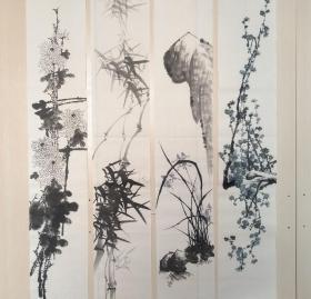 纯手绘宣纸花鸟写意国画四尺梅兰竹菊四条屏新中式客厅装饰挂画