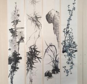 纯手绘宣纸花鸟写意国画四尺梅兰竹菊四条屏新中式客厅装饰挂画