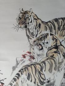 保真书画，当代写意画老虎第一人阴衍江国画精品《双虎傲秋色》一幅，原装裱立轴。阴衍江，1940年生。中国美术家协会会员、一级画师、黑龙江美术出版社专业画家，中央文史馆书画院研究员，黑龙江文史馆馆员。