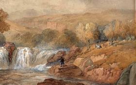 英国19世纪维多利亚水彩原作 1881年    J NEEDHAM Victorian Watercolour Painting 《 FISHERMAN & WATERFALL IN LANDSCAPE》河边钓鱼