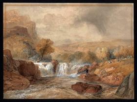 英国19世纪维多利亚水彩原作 1881年    J NEEDHAM Victorian Watercolour Painting 《 FISHERMAN & WATERFALL IN LANDSCAPE》河边钓鱼