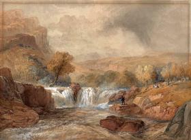 英国19世纪维多利亚水彩原作 1881年    J NEEDHAM Victorian Watercolour Painting 《 FISHERMAN & WATERFALL IN LANDSCAPE》河边钓鱼