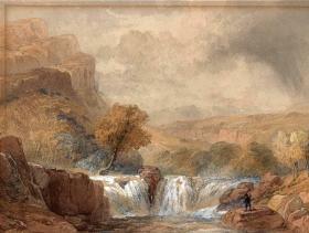 英国19世纪维多利亚水彩原作 1881年    J NEEDHAM Victorian Watercolour Painting 《 FISHERMAN & WATERFALL IN LANDSCAPE》河边钓鱼