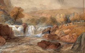 英国19世纪维多利亚水彩原作 1881年    J NEEDHAM Victorian Watercolour Painting 《 FISHERMAN & WATERFALL IN LANDSCAPE》河边钓鱼