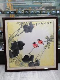 江苏画家雨桑花乌图之一，桐阴小趣54X54.上世纪90年代作品。