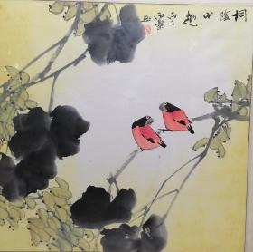 江苏画家雨桑花乌图之一，桐阴小趣54X54.上世纪90年代作品。