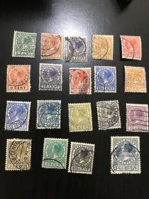 荷兰女王老邮票19张不同 荷兰古典早期邮票 女王头像邮票 1920-1930年代左右 个别目录价高。部分筋票面值难寻