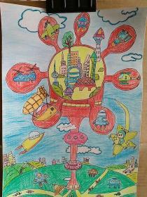 儿童画 蜡笔或油画棒作品 太空城堡