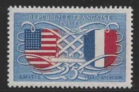 法国1949年 法-美友谊,国旗/飞机/轮船 1全 新 雕刻版