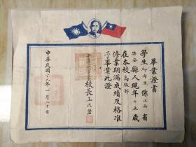 民国毕业证孙像双旗！品相极美，有大红方印