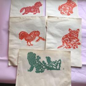 五十年代剪纸画片（兔子 马 猫捉老鼠 鸡啄蜈蚣 松鹤）5张
