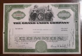 [老股票 纸质股票 美国 antique stock]  1964年 The Grand Union Company 克兰德联合公司股票17股   （会签： 大通曼哈顿银行）   后主营超市百货连锁，前身是成立于1872年的琼斯兄弟茶叶公司， 雕刻版钱币级别精印