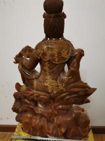 寿山石雕佛像《如意观音》坐像，带底座高60CM，雕刻细腻，配精品底座，背落有“玉璇”款，重约五六十斤，详细见细图