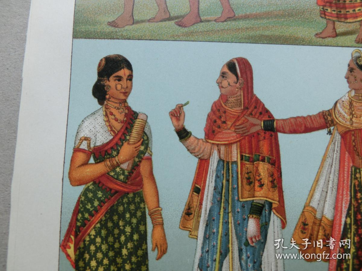 【百元包邮】《印度     一种运送工具及其搬运工（上）；女子服饰（下）。》 1888年出版 石版画 纸张尺寸约22×18厘米 （编号S000488）