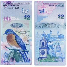 美洲-全新UNC 百慕大2元纸币 2012年 蓝鸟精美版 鸟钞钱币收藏 仅供收藏 单张