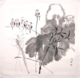 著名画家【晁谷】四尺斗方【荷塘小鸟】裱片，精品花鸟保真收藏！