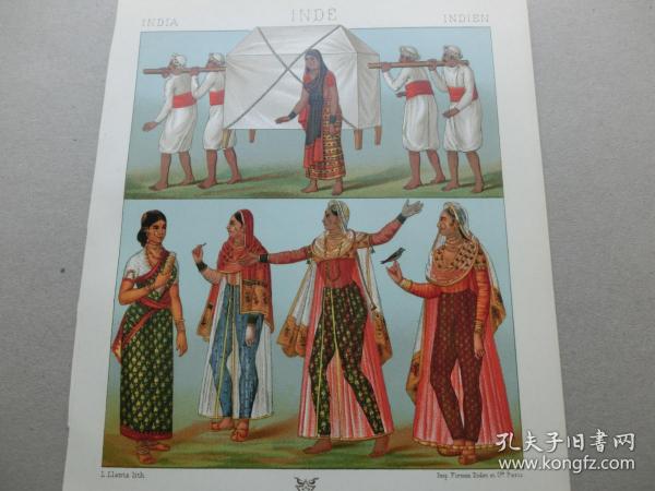 【百元包邮】《印度     一种运送工具及其搬运工（上）；女子服饰（下）。》 1888年出版 石版画 纸张尺寸约22×18厘米 （编号S000488）