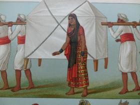 【百元包邮】《印度     一种运送工具及其搬运工（上）；女子服饰（下）。》 1888年出版 石版画 纸张尺寸约22×18厘米 （编号S000488）