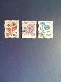 外国邮票   波兰邮票 1989年花卉 3枚（信销 ）