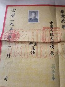 同一人:1955年中国人民大学毕业证书,1961年北京电视大学毕业证书,1958年一机部下放奖状,1955年中国人民大学第一届学生考试成绩单,1958年奖状1张,带履历表