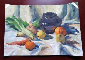 油画作品;水果蔬菜水罐