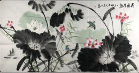 保真，阳春雨，山东著名画家，国画：荷塘清趣，136*68