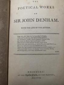 1779年  THE POETICAL WORKS OF SIR JOHN DENHAM  和  THE POETICAL WORKS OF ELIJAH FENTON 合订本  含精美藏书票