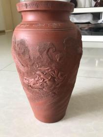 H-0229日本茶道具 回流美术 朱泥浮雕龙纹大花瓶 花插/高31厘米
